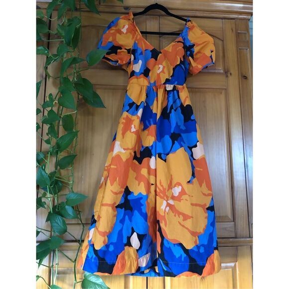 Tabitha Brown Tropical Floral Print Puff Sleeve Tie-Back Midi Dress SZ 4 - Picture 2 of 12